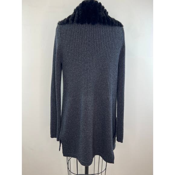 THEORY Gray Long Sleeve Maritza Fur Genuine Rabbit Collar Wool Cardigan Size L - Picture 6 of 9